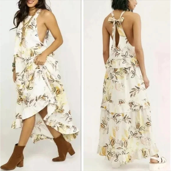 Free People | Dresses | Free People Anita Maxi Dress Large Ivory Floral  Print Cotton Pockets Tiered Boho | Poshmark